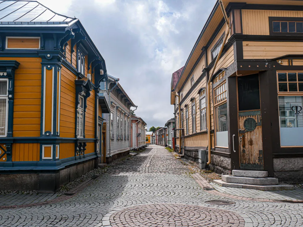 Holzhäuser reihen sich links und rechts neben einer Steinstraße in der Stadt Rauma