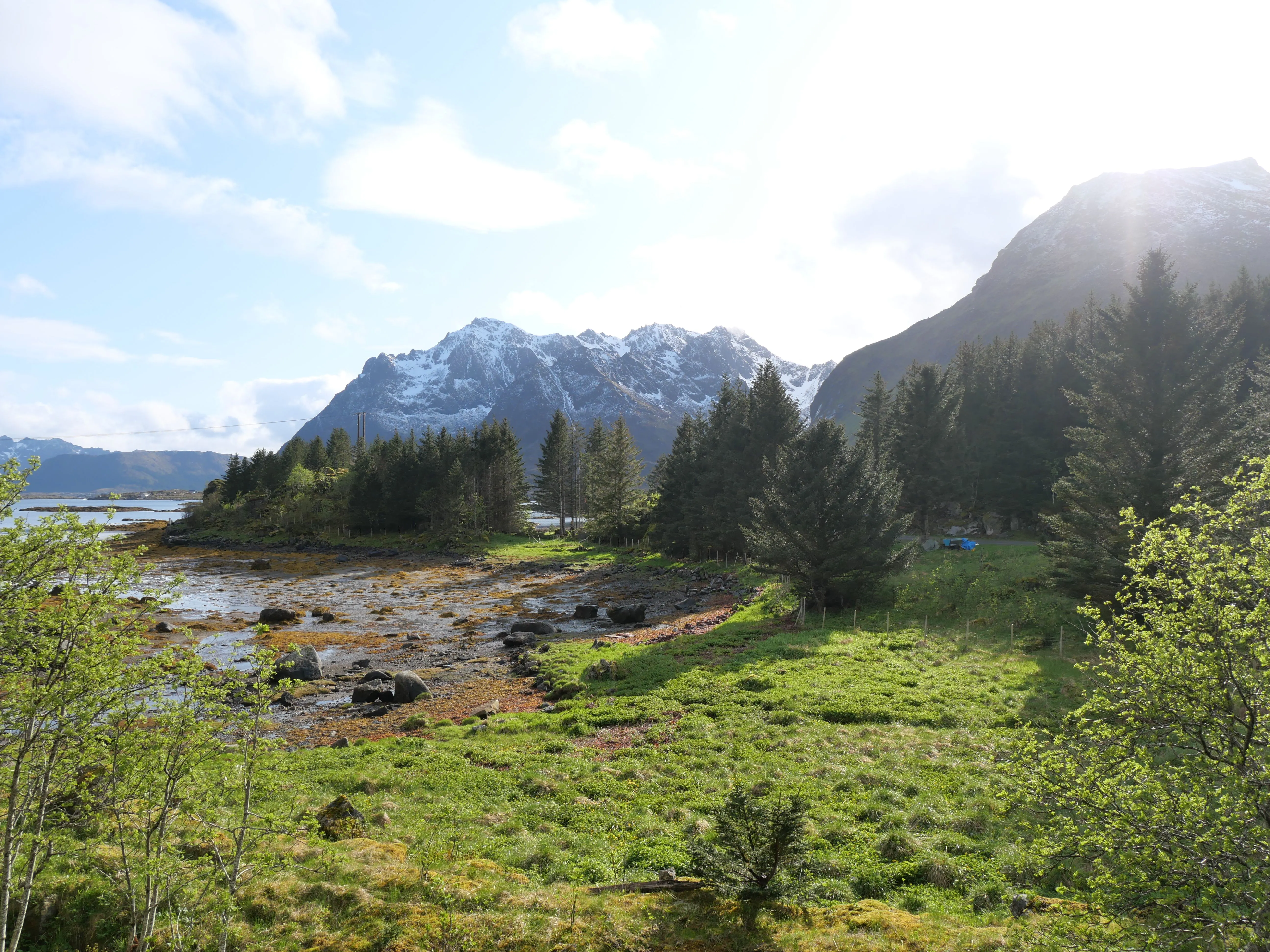 Die Sonne strahlt über Berggipfel hinweg auf eine Wiese